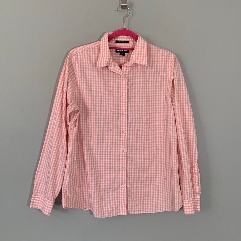Lands' End Womens Orange Gingham Polka Dot No Iron Supima Cotton Shirt Size 12‎